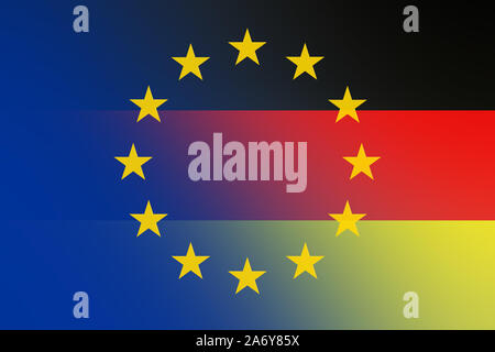 Flag of Europe and flag of Germany with euro notes and coins as a background Stock Photo