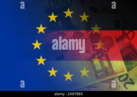 Flag of Europe and flag of Germany with euro notes and coins as a background Stock Photo