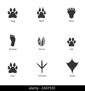 Paw print icon. Dog wolf bear human horse cat lion chicken duck prints Stock Vector