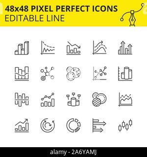 Graph, pie diagram, bar charts and graphs line icons. Can be used for representing data in areas as statistics, data science, math, economics, market. Stock Vector