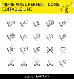 Icons related for handset services. Collection of phone technology outline symbols. Contains icons as handset, support, keyboard, sms etc. Vector. Stock Vector