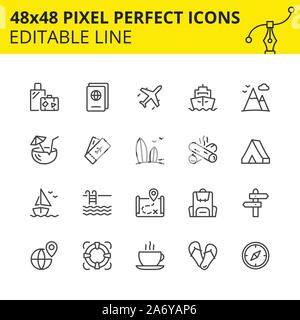 Icons for tourism and travelling. Contains such icons as passport, ticket, luggage, mountains etc. 48x48 Pixel perfect. Stock Vector