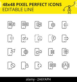 Icons related for phone services. Collection of mobile technology outline symbols. Contains such Icons as mobile, support, charging, sms etc. Vector. Stock Vector