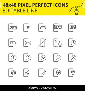 Icons related for phone services. Collection of mobile technology outline symbols. Contains such Icons as mobile, support, charging, sms etc. Vector. Stock Vector