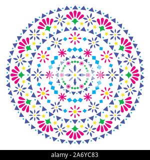 Mexican vector mandala design, folk art bohemian pattern with flowers and abstract shapes inspired by folk art from Mexico Stock Vector