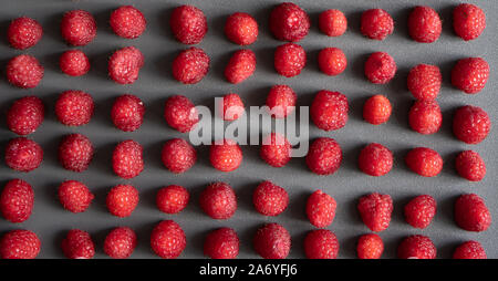 Pattern made of fresh raspberry. Fresh fruits. Flat lay, top view, square. Stock Photo