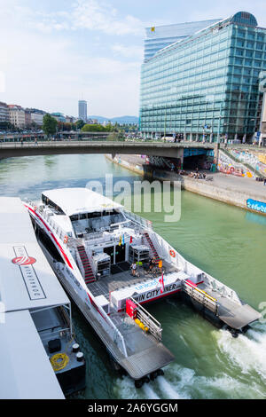 DDSG Blue Danube catamaran fast river tour boat, Donaukanal, Vienna, Austria Stock Photo