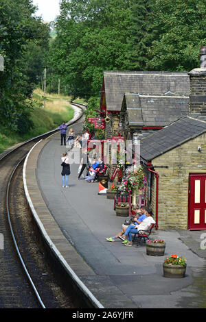 Passengers on Haworth station, Keighley and Worth Valley Railway, Stock Photo