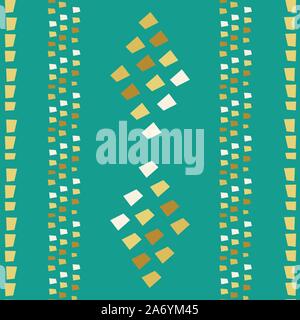Gold, white and terracotta diamond and stripe mosaic style design. Seamless vector pattern on teal background. Great for wellness, spa, cosmetics Stock Vector