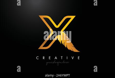 X Golden Gold Feather Letter Logo Icon Design With Feather Feather Creative Look Vector Illustration in Golden Metal Colors. Stock Vector