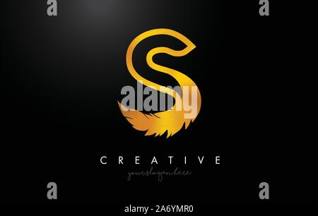 S Golden Gold Feather Letter Logo Icon Design With Feather Feather Creative Look Vector Illustration in Golden Metal Colors. Stock Vector