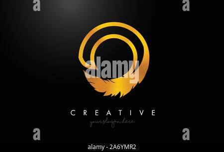 O Golden Gold Feather Letter Logo Icon Design With Feather Feather Creative Look Vector Illustration in Golden Metal Colors. Stock Vector