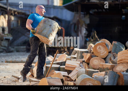 Strong lumberjack carrying a big beech log to split Stock Photo