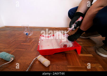 Construction worker and painter with gloves holds white roller brush in his hand and mixes white with addition red extract and pigment paint in bowl. Stock Photo