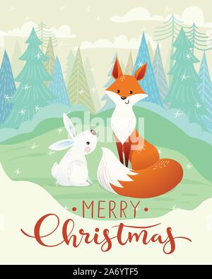Merry Christmas card with fox and rabbit. Stock Vector