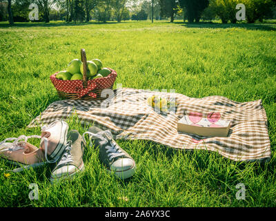 picnic table covered with checkered tablecloth and picnic basket in park outdoors Stock Photo