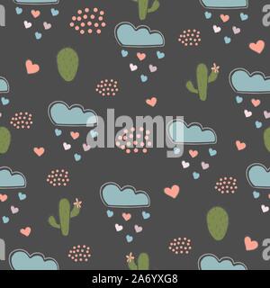 Seamless Pattern with cacti, hearts and clouds raining with hearts. Vector Illustration Stock Vector