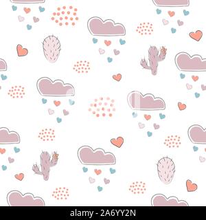 Seamless pattern with cute hand drawn cacti, hearts, dots and clouds raining with hearts on white background. great for swatches, fabric, wall art, wr Stock Vector