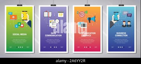 Vector set of vertical web banners with social media, data communication, communication service, business connection. Vector banner template for websi Stock Vector