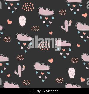 Seamless Pattern with cacti, hearts and clouds raining with hearts. Vector Illustration Stock Vector