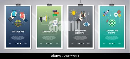 Vector set of vertical web banners with message app, communication, innovation digital, competition digital. Vector banner template for website and mo Stock Vector