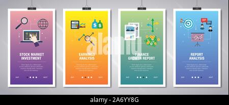 Vector set of vertical web banners with stock market investment, earnings analysis, finance growth, report analysis. Vector banner template for websit Stock Vector