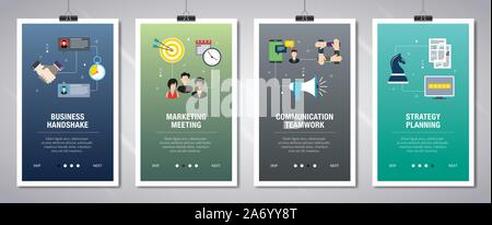 Vector set of vertical web banners with business handshake, marketing meeting, communication teamwork and strategy. Vector banner template for website Stock Vector