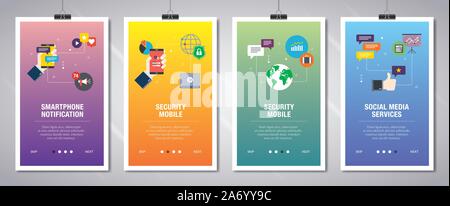 Vector set of vertical web banners with smartphone notification, security mobile, online services, social media services. Vector banner template for w Stock Vector