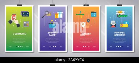 Vector set of vertical web banners with e-commerce, shopping basket, delivery and purchase evalualition. Vector banner template for website and mobile Stock Vector