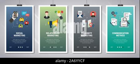 Web banners concept in vector with social marketing, relationship marketing, proximity marketing and communication metrics. Internet website banner co Stock Vector