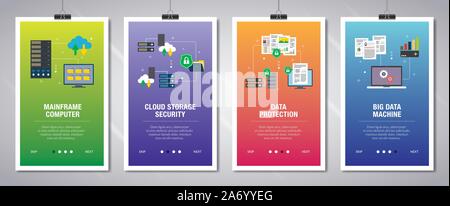 Vector set of vertical web banners with mainframe computer, cloud storage security,  data protection, big data machine. Vector banner template for web Stock Vector
