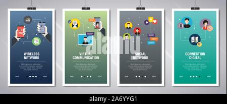 Vector set of vertical web banners with wireless network, virtual communication, social network, connection digital. Vector banner template for websit Stock Vector