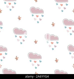 Seamless Cute Pattern with clouds raining with hearts and tiny hand drawn flowers on white background. Cute decorative swatch. Vector Illustration Stock Vector