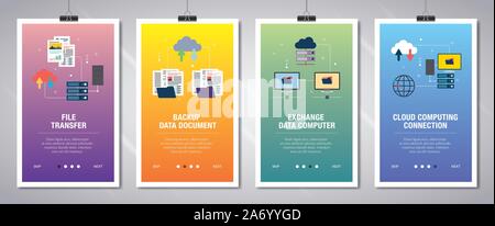 Vector set of vertical web banners with file transfer, backup data document, exchange data computer and cloud computing.Vector banner template for web Stock Vector