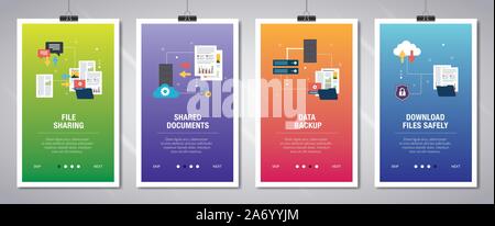 Banner set with icons for internet on websites or app templates with file sharing, shared documents, data backup and download files safely. Technology Stock Vector