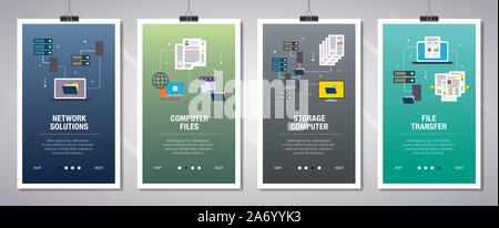Vector set of vertical web banners with network solutions, computer files, storage computer and file transfer. Vector banner template for website and Stock Vector