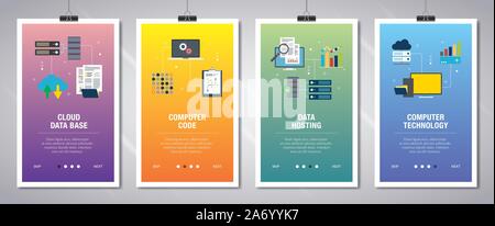 Vector set of vertical web banners with cloud data base, computer code, data hosting and computer technology. Vector banner template for website and m Stock Vector