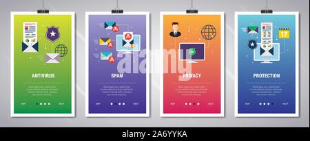 Vector set of vertical web banners with antivirus for protection,  blocking spam, protect of privacy, virus and phishing. Vector banner template for w Stock Vector