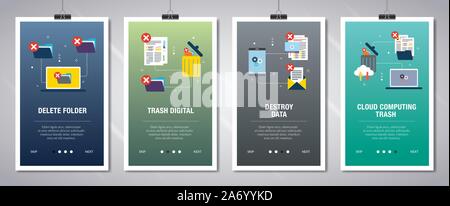 Vector set of vertical web banners with delete folder, trash digital, destroy data and cloud computing trash. Vector banner template for website and m Stock Vector