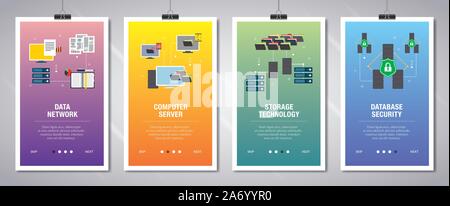 Vector set of vertical web banners with data network, computer server, storage technology and database security. Vector banner template for website an Stock Vector