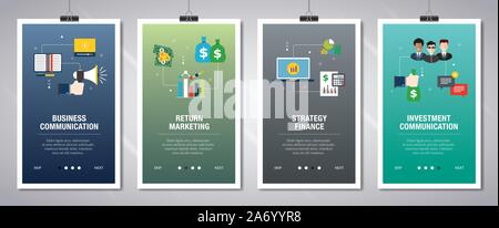 Banner set with icons for internet on websites or app templates with business communication, return marketing, strategy finance and investment communi Stock Vector