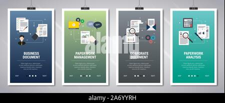 Vector set of vertical web banners with business document, paperwork management, corporate document, paperwork analysis. Vector banner template for we Stock Vector