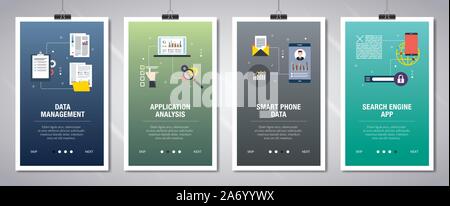 Web banners concept in vector with data management, application analysis, smartphone data and search engine app. Internet website banner concept with Stock Vector