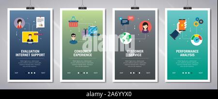 Web banners concept in vector with evaluation internet support, consumer experience, customer service and performance analysis. Internet website banne Stock Vector