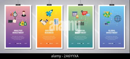 Analysis investment, success business, financial investment, global investment.  Internet website banner concept with icon set. Flat design vector ill Stock Vector