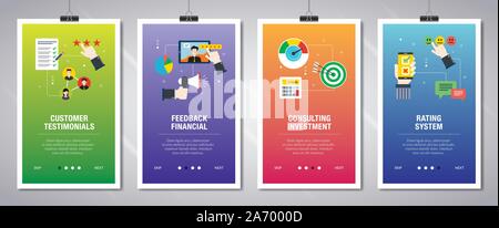 Web banners concept in vector with customer testimonials, feedback financial, consulting investment and rating system. Internet website banner concept Stock Vector