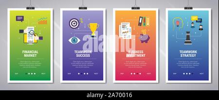 Web banners concept in vector with financial market, teamwork success, business investment and teamwork strategy. Internet website banner concept with Stock Vector