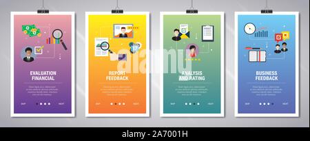 Web banners concept in vector with evaluation financial, report feedback, analysis and rating, business feedback. Internet website banner concept with Stock Vector