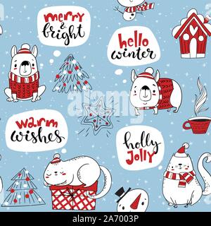 Vector seamless pattern for winter holidays with cute cats and dogs and Christmas decorations. Stock Vector