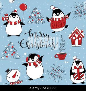 Vector seamless pattern for winter holidays with cute penguins and Christmas decorations. Stock Vector